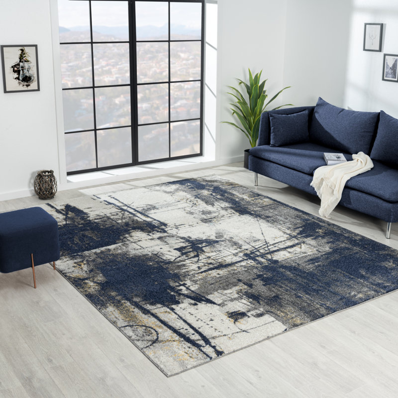 17 Stories Haughay Performance Navy/White/Gray Rug & Reviews Wayfair